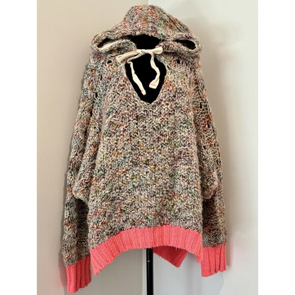 FREE PEOPLE Mystical Neon Orange Cuff Chunky Hooded Sweater L $228 Retail - Picture 3 of 10